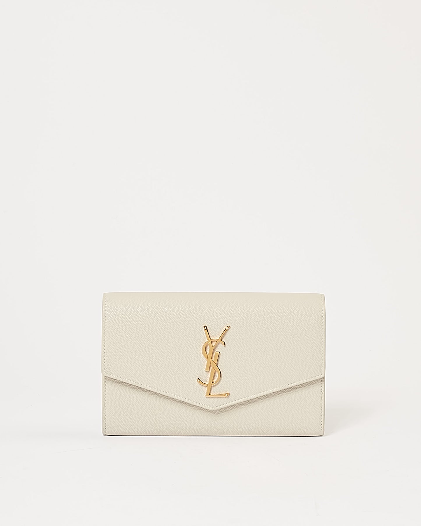 Saint Laurent Off White Grained Leather Uptown Wallet on Chain