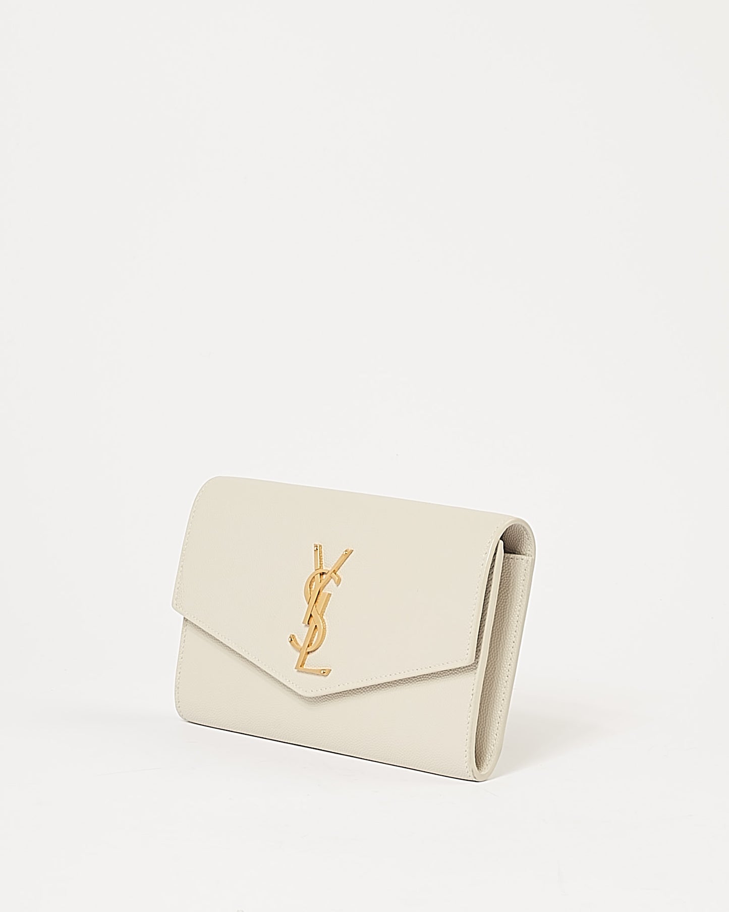 Saint Laurent Off White Grained Leather Uptown Wallet on Chain