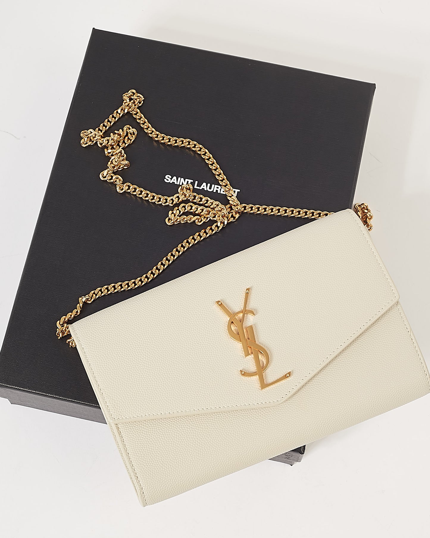 Saint Laurent Off White Grained Leather Uptown Wallet on Chain