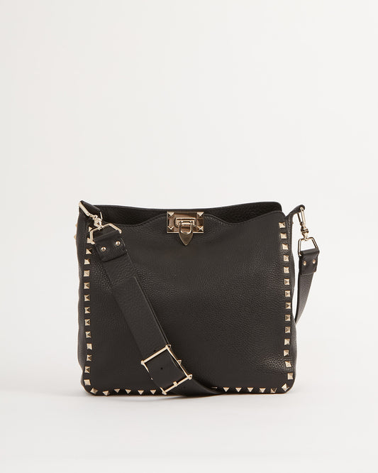 Sac messager Rockstud en cuir grainé noir Valentino