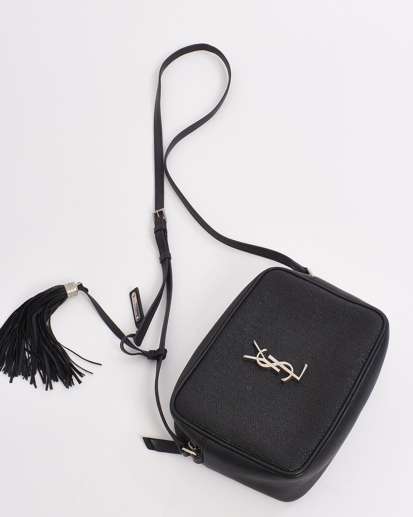 Saint Laurent Black Coated Raffia Lou Camera Crossbody Bag