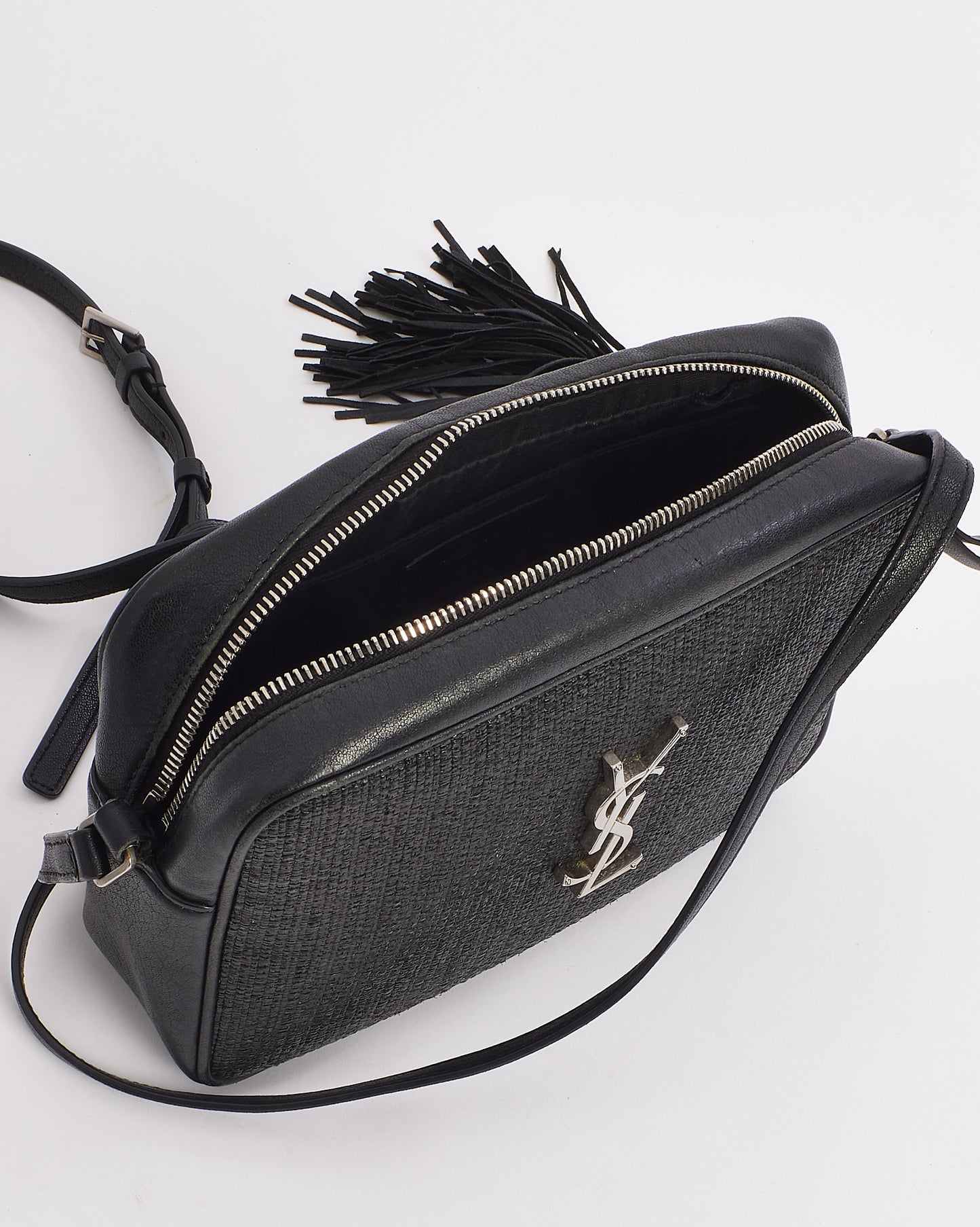 Saint Laurent Black Coated Raffia Lou Camera Crossbody Bag