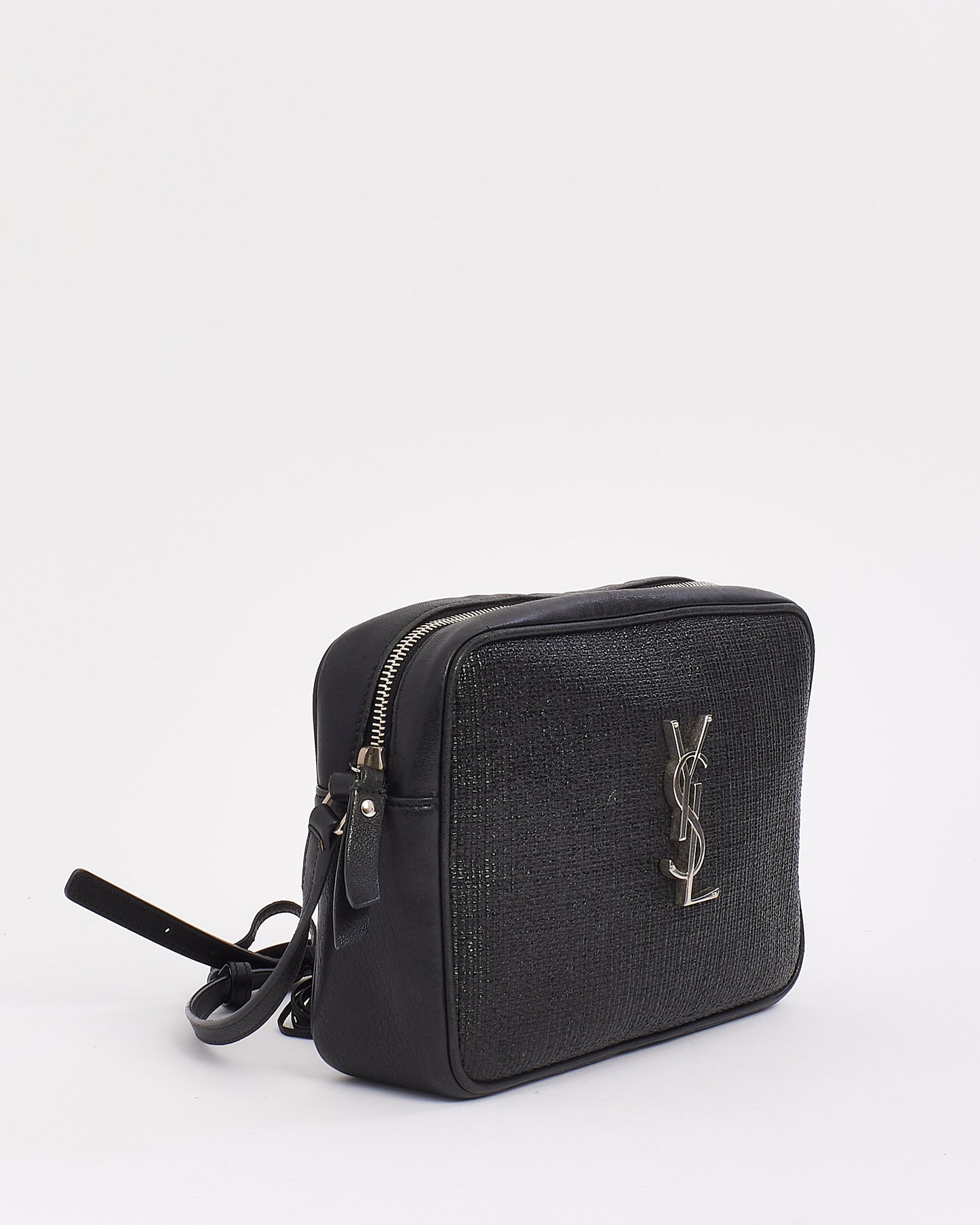 Saint Laurent Black Coated Raffia Lou Camera Crossbody Bag