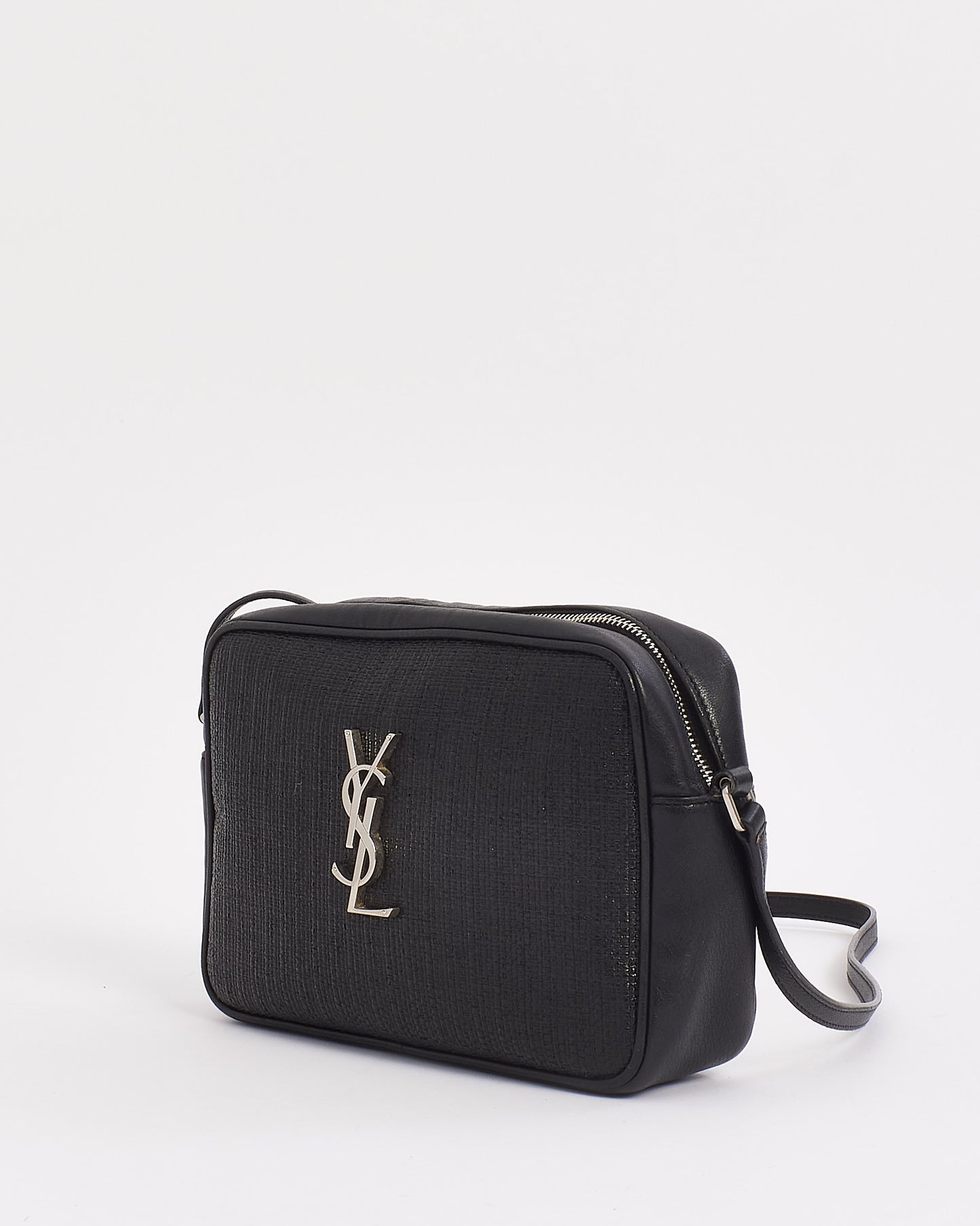 Saint Laurent Black Coated Raffia Lou Camera Crossbody Bag