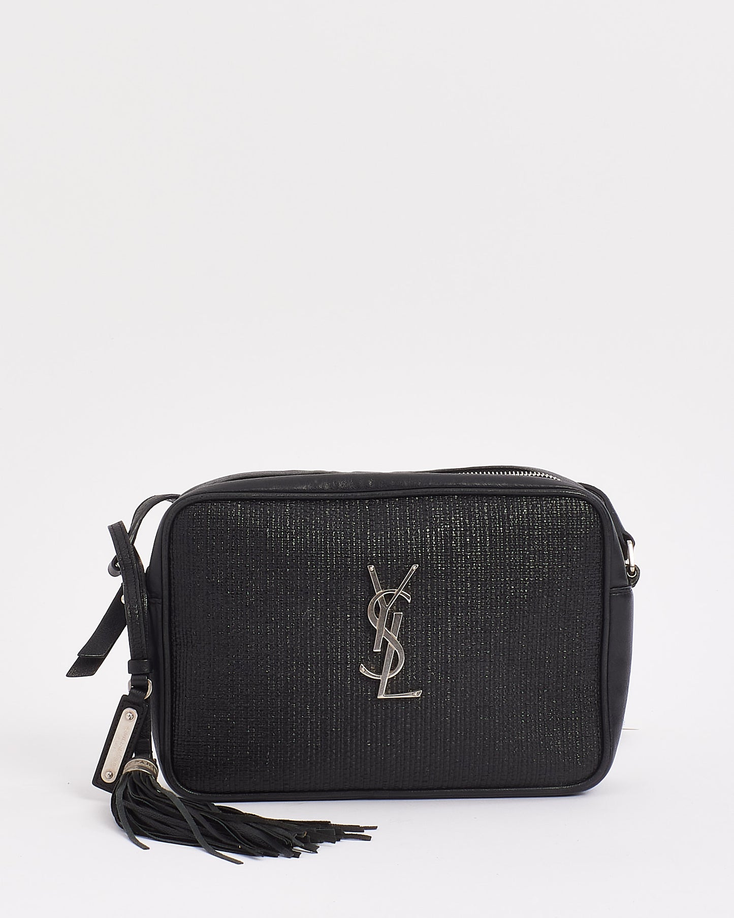 Saint Laurent Black Coated Raffia Lou Camera Crossbody Bag