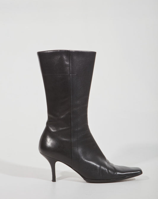 Prada Black Leather Kitten Booties - 36.5