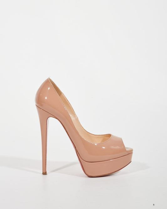 Louboutin Nude Patent Peep Toe Platform Pumps - 36