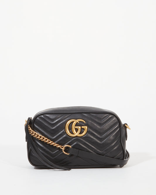 Gucci Black Leather Marmont GG Matelassé Small Shoulder Bag