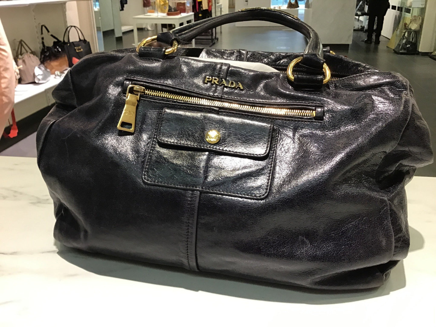 Prada Blue Vitello Shine Leather Top Handle Bag