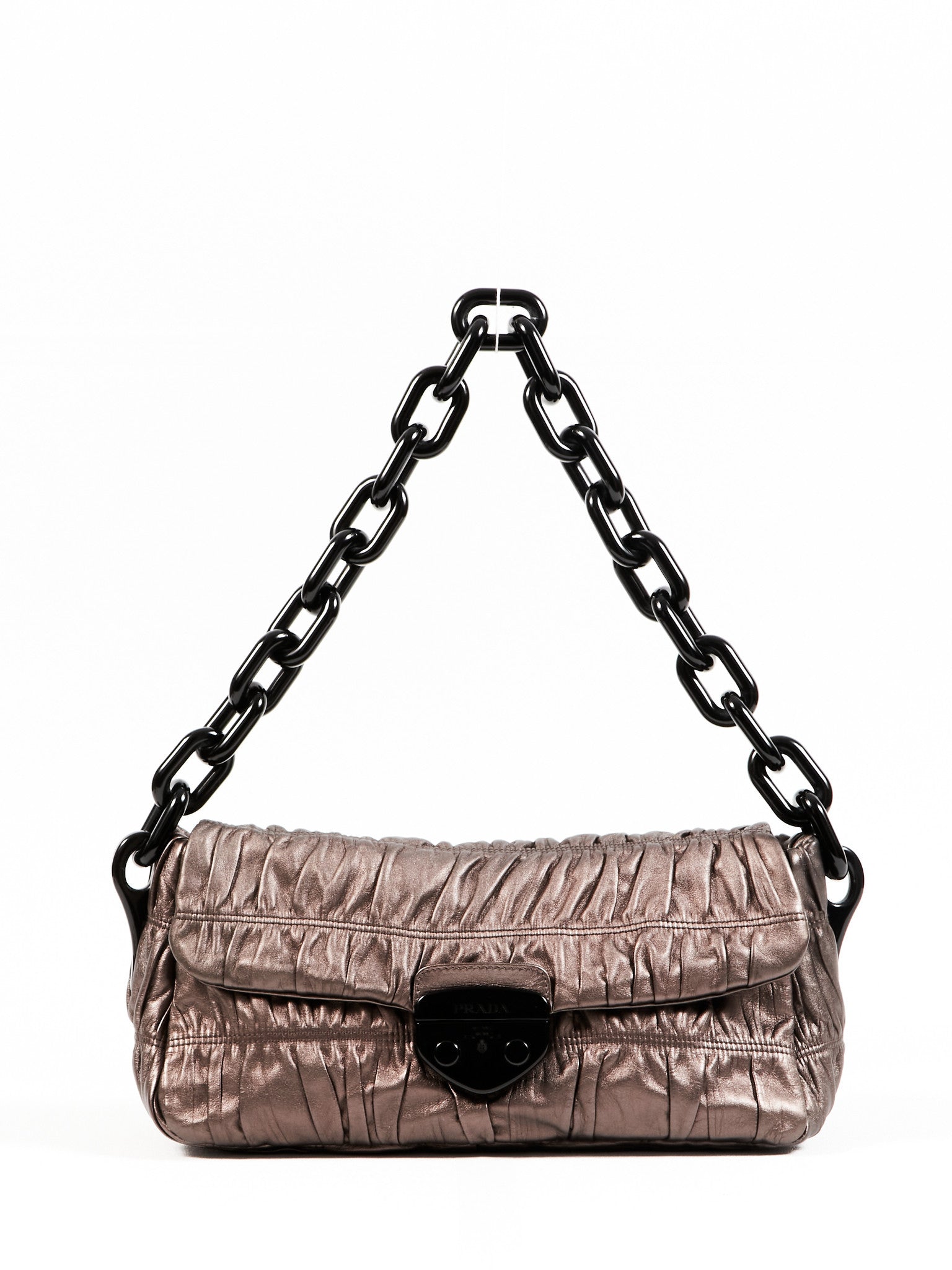 Prada Metallic Silver Matelassé Enamel Chain Shoulder Bag