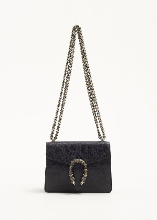 Black Pebbled Leather Small Dionysus Crossbody Chain Bag