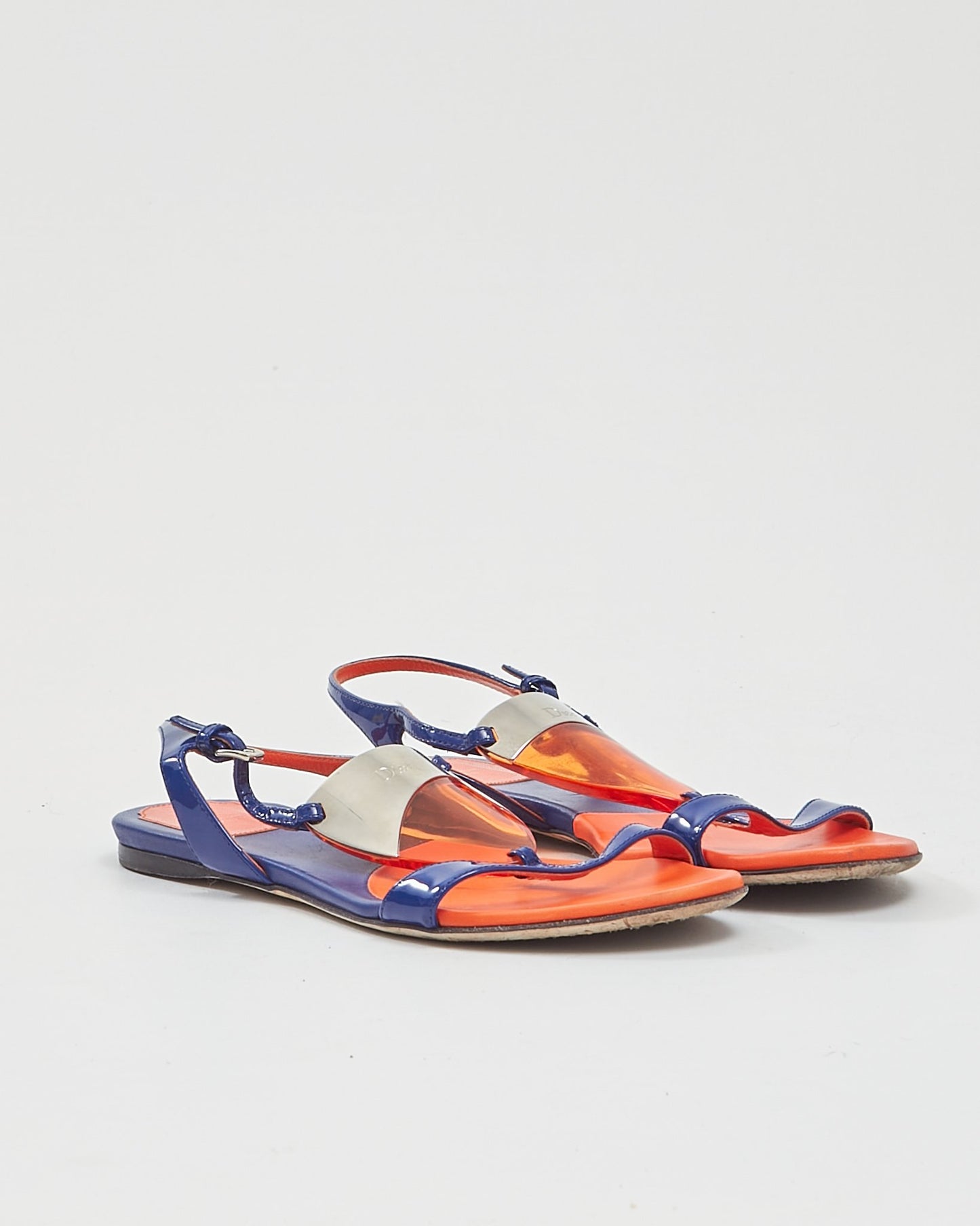 Dior Blue/Orange Enamel & Leather Strap Sandals - 37.5