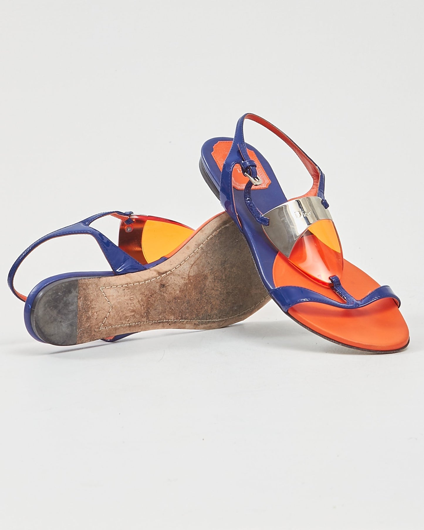 Dior Blue/Orange Enamel & Leather Strap Sandals - 37.5