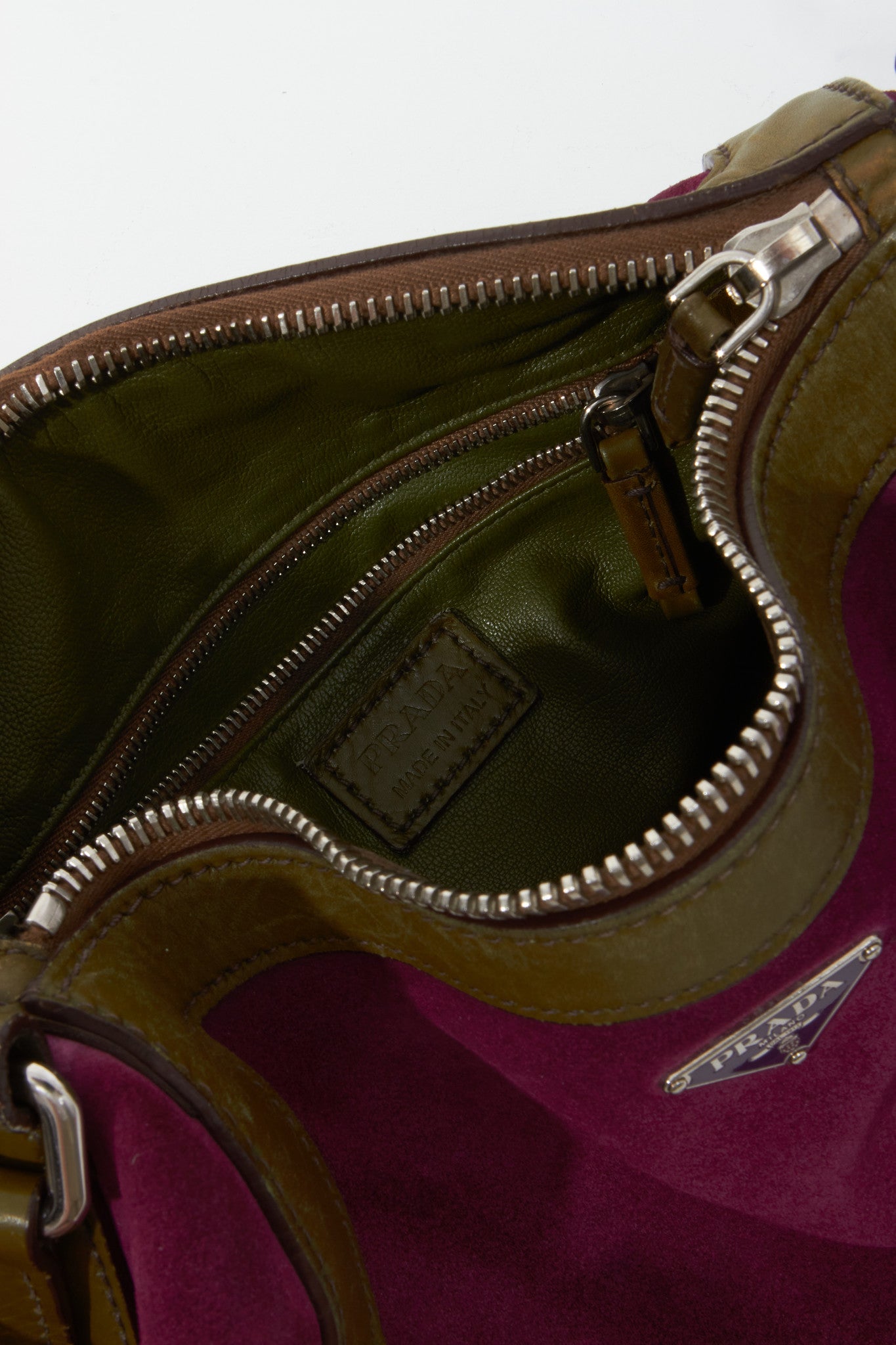 Prada Fuchsia and Olive Suede Small Duffle Shoulder Bag