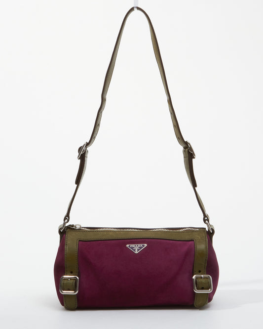 Prada Fuchsia and Olive Suede Small Duffle Shoulder Bag