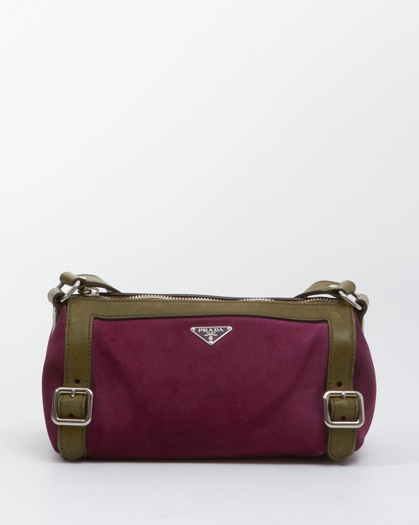 Prada Fuchsia and Olive Suede Small Duffle Shoulder Bag