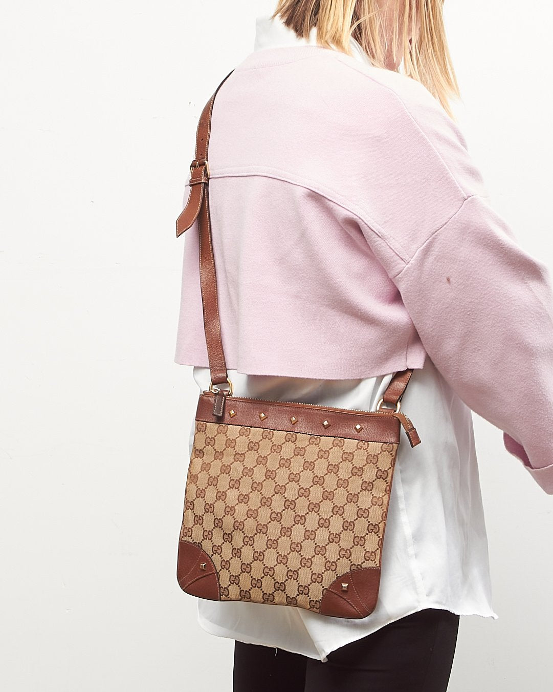 Gucci Brown GG Monogram Canvas Studded Crossbody Bag