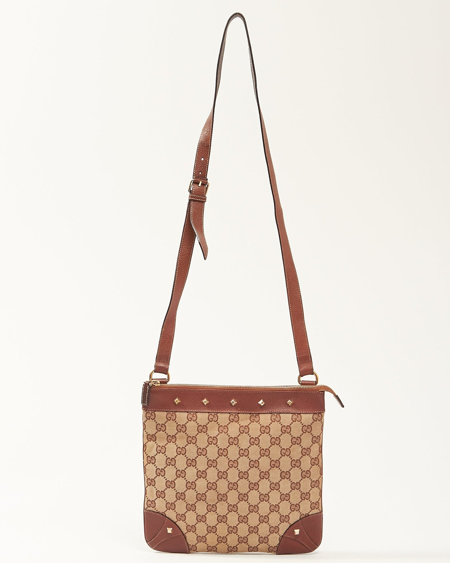 Gucci Brown GG Monogram Canvas Studded Crossbody Bag