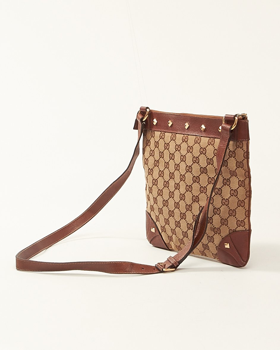 Gucci Brown GG Monogram Canvas Studded Crossbody Bag