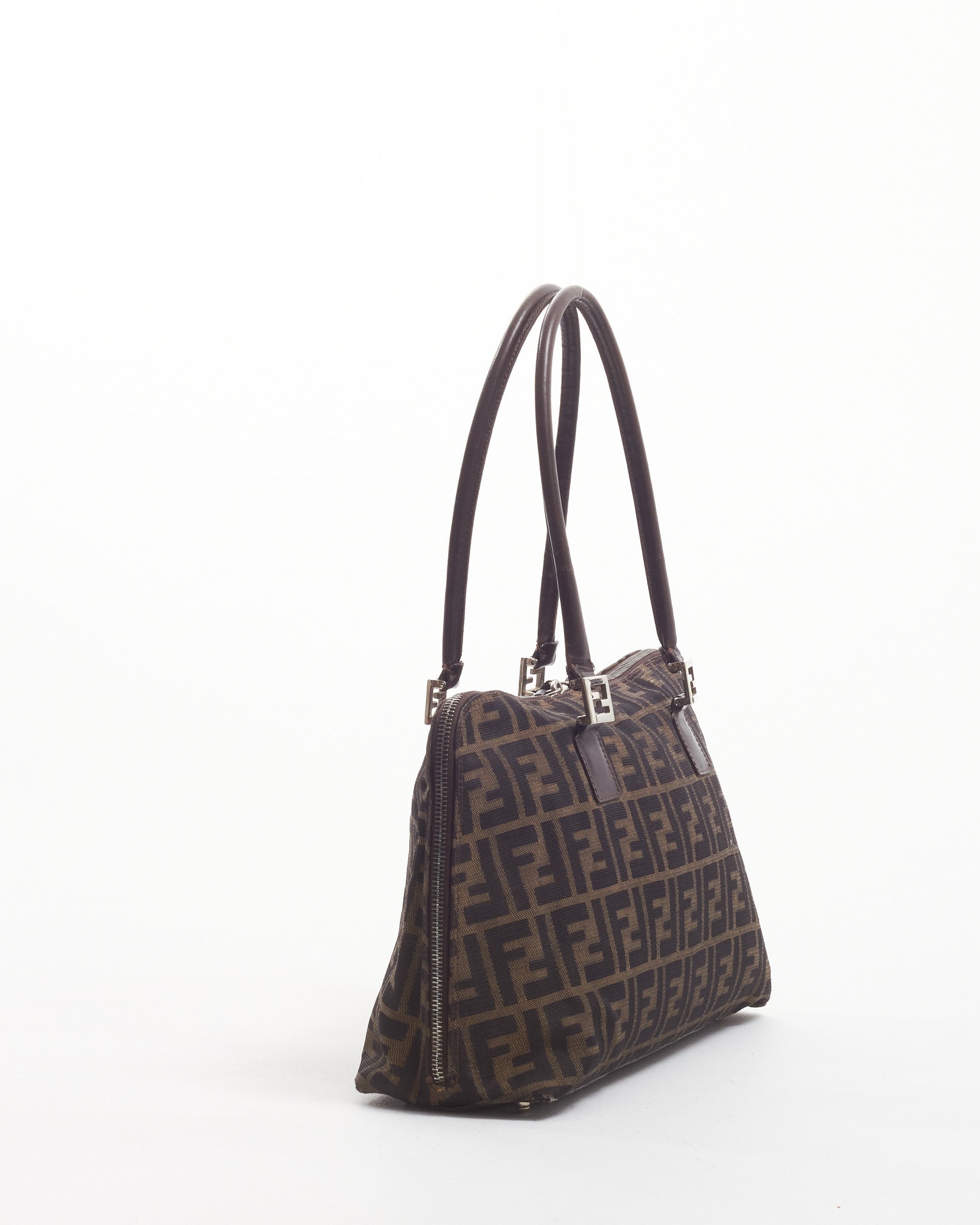 Fendi Brown Zucca Tobacco Canvas Double Zip Top Handle Tote