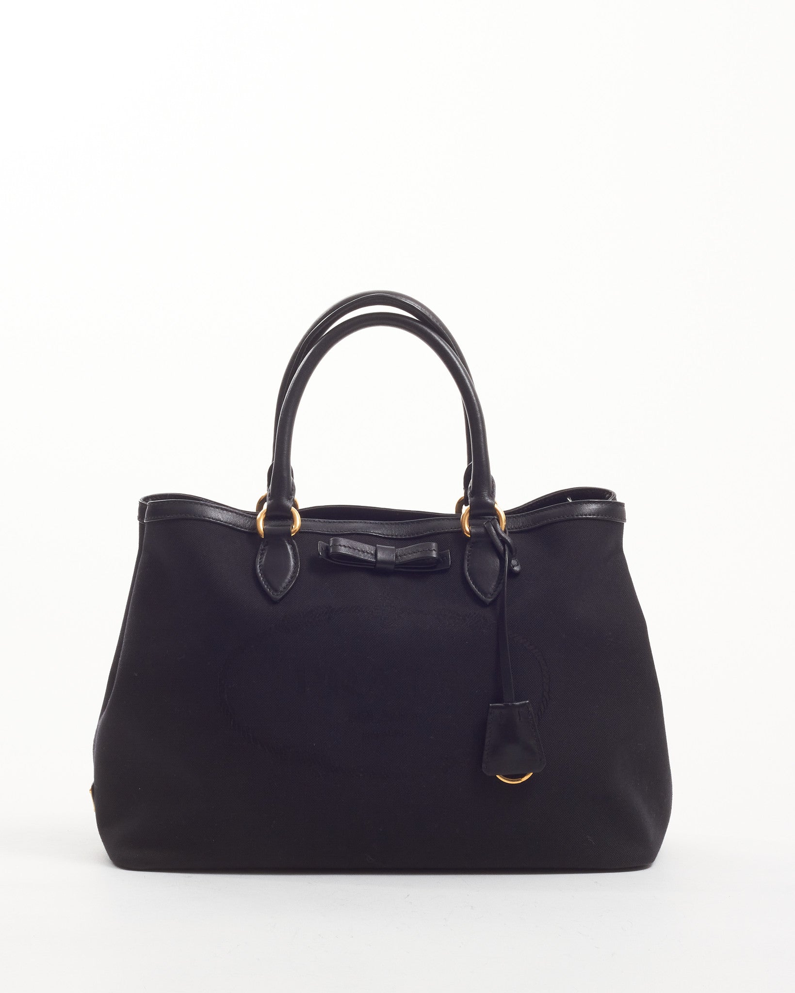 Prada Black Canvas Logo Bow Tote Bag