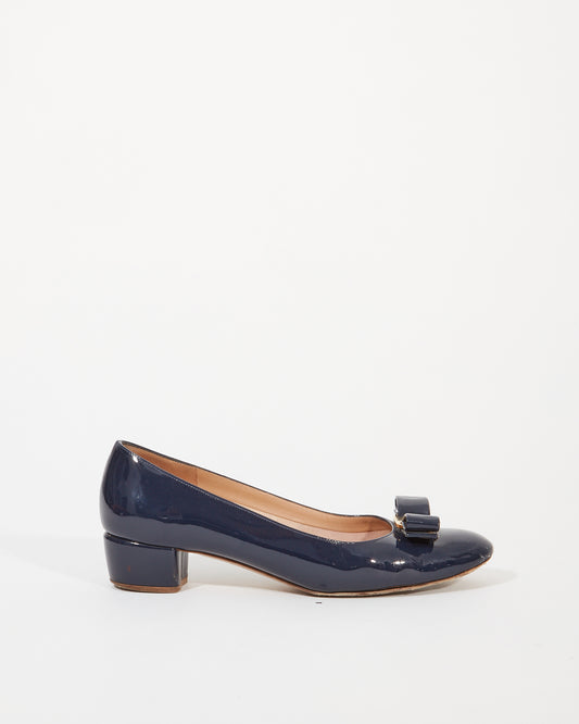 Ferragamo Navy Patent Vara Bow Pumps - 8