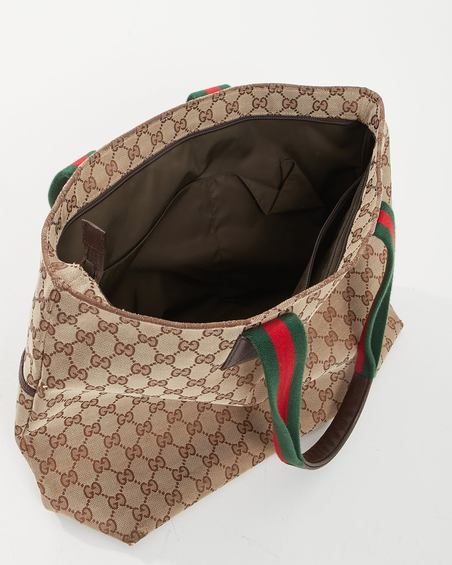 Gucci Brown Canvas Web Handle Diaper Zipper Tote Bag