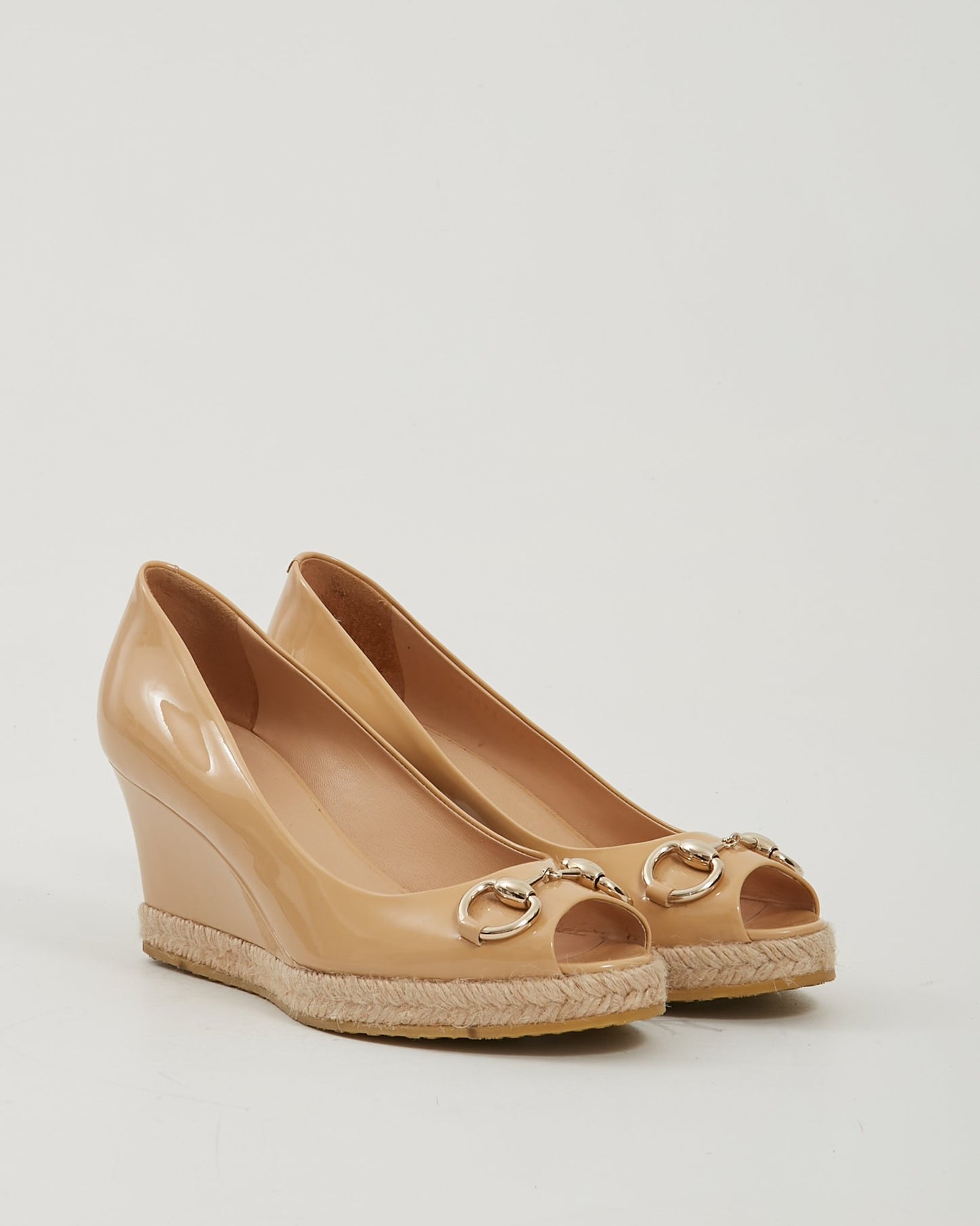 Gucci Beige Patent Leather Horsebit Wedges - 36.5