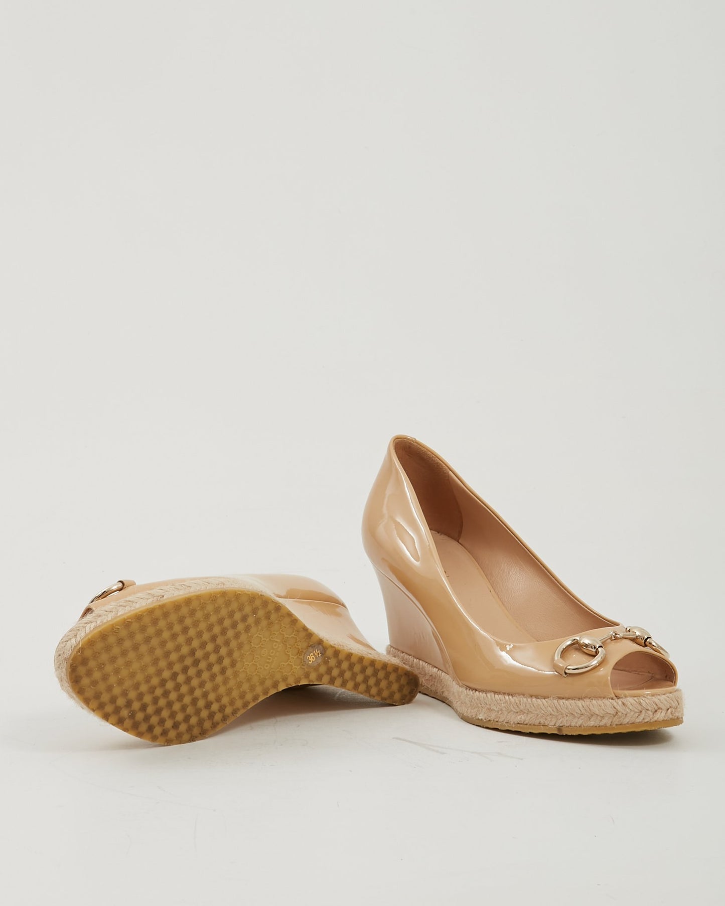 Gucci Beige Patent Leather Horsebit Wedges - 36.5