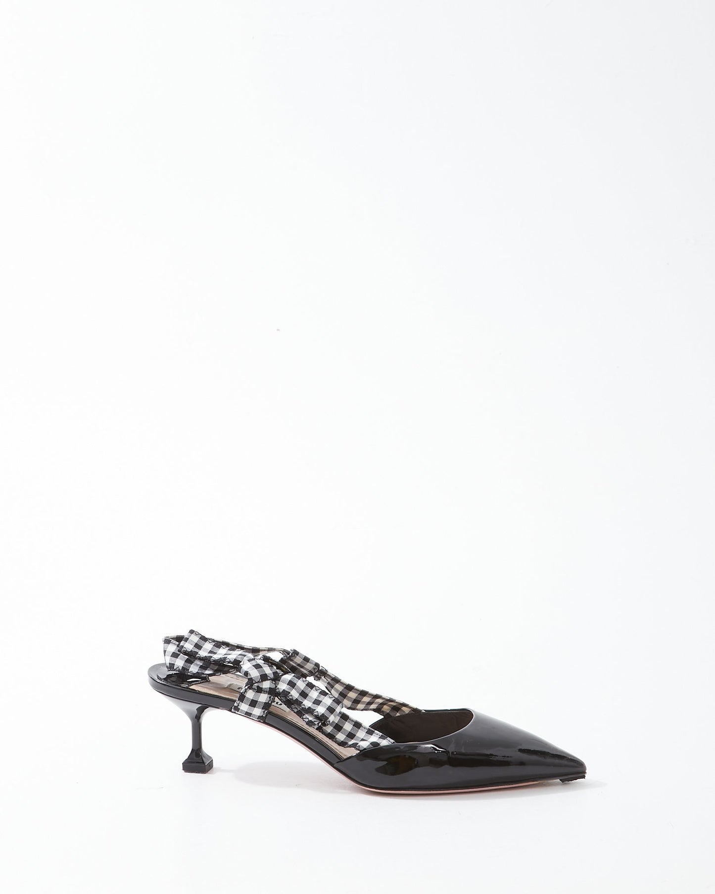 Miu Miu Black Patent Point Toe Plaid Bow SlingBack Kitten Heel - 39