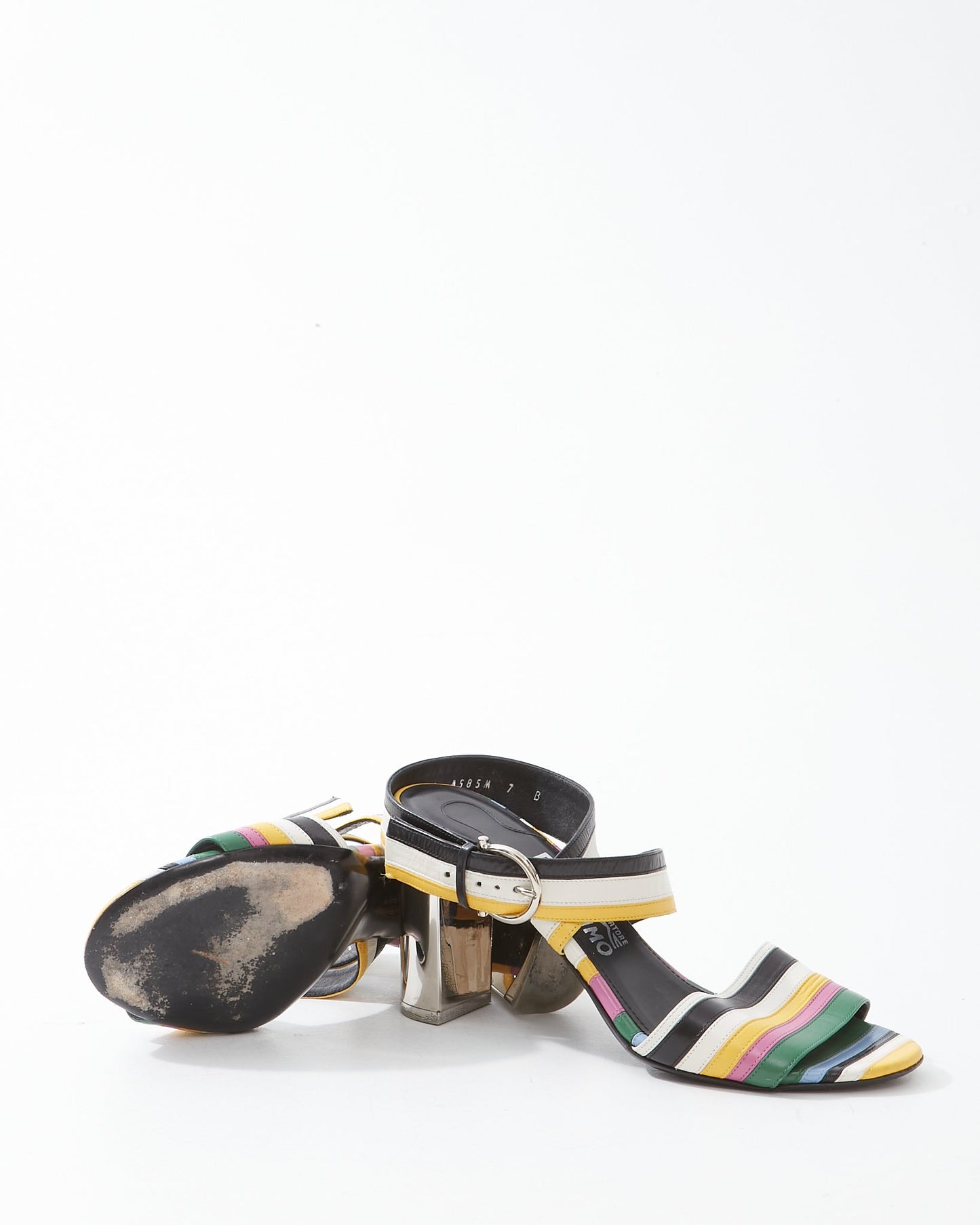 Ferragamo Multi Color Leather Strap Sandal Heel - 7