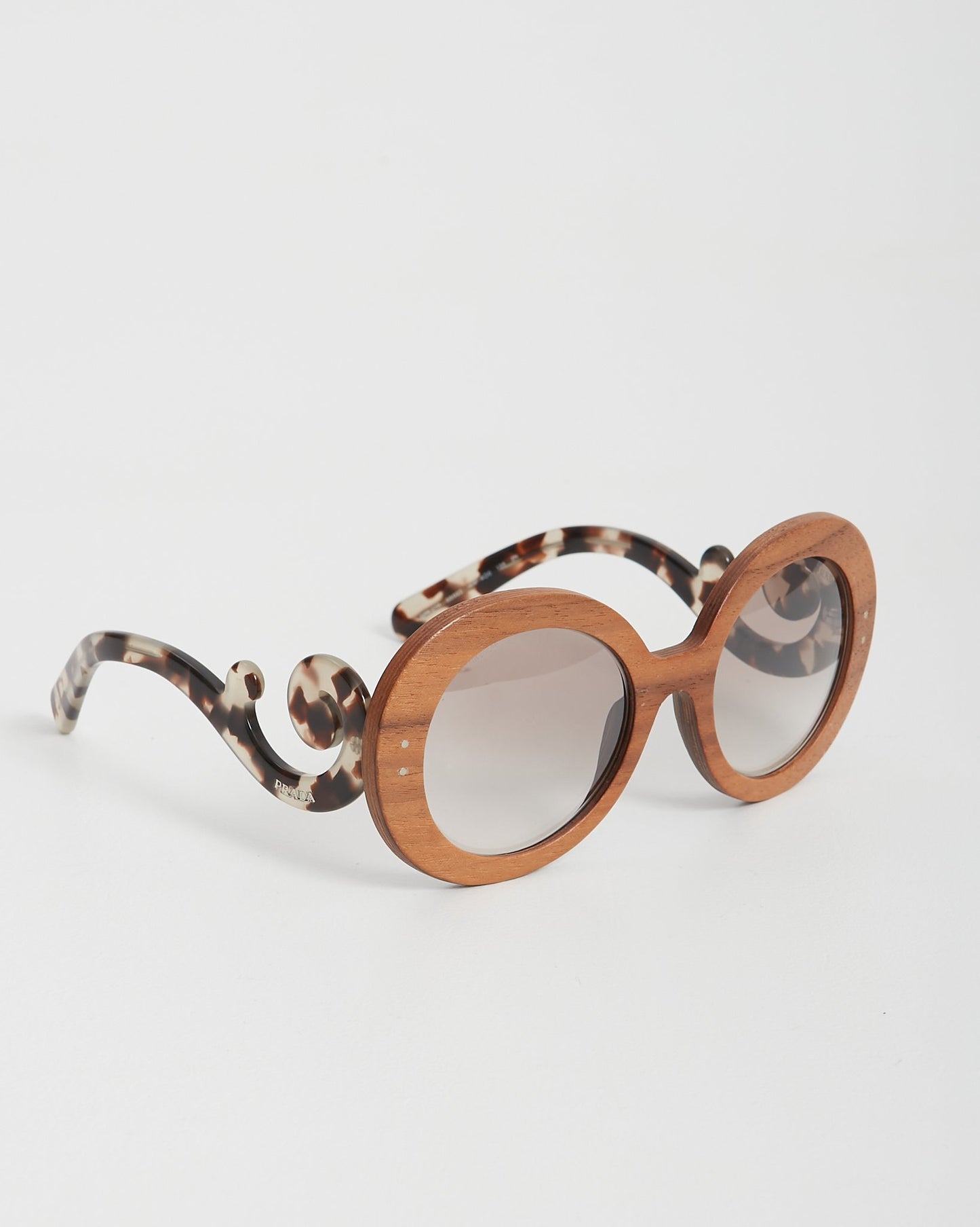 Prada Brown Wooden SPR27R Baroque Round Sunglasses