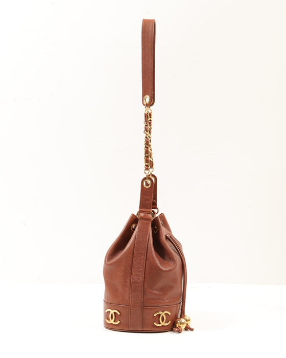 Chanel Vintage 1994 Camel Beige-Brown Caviar Bucket Bag Drawstring