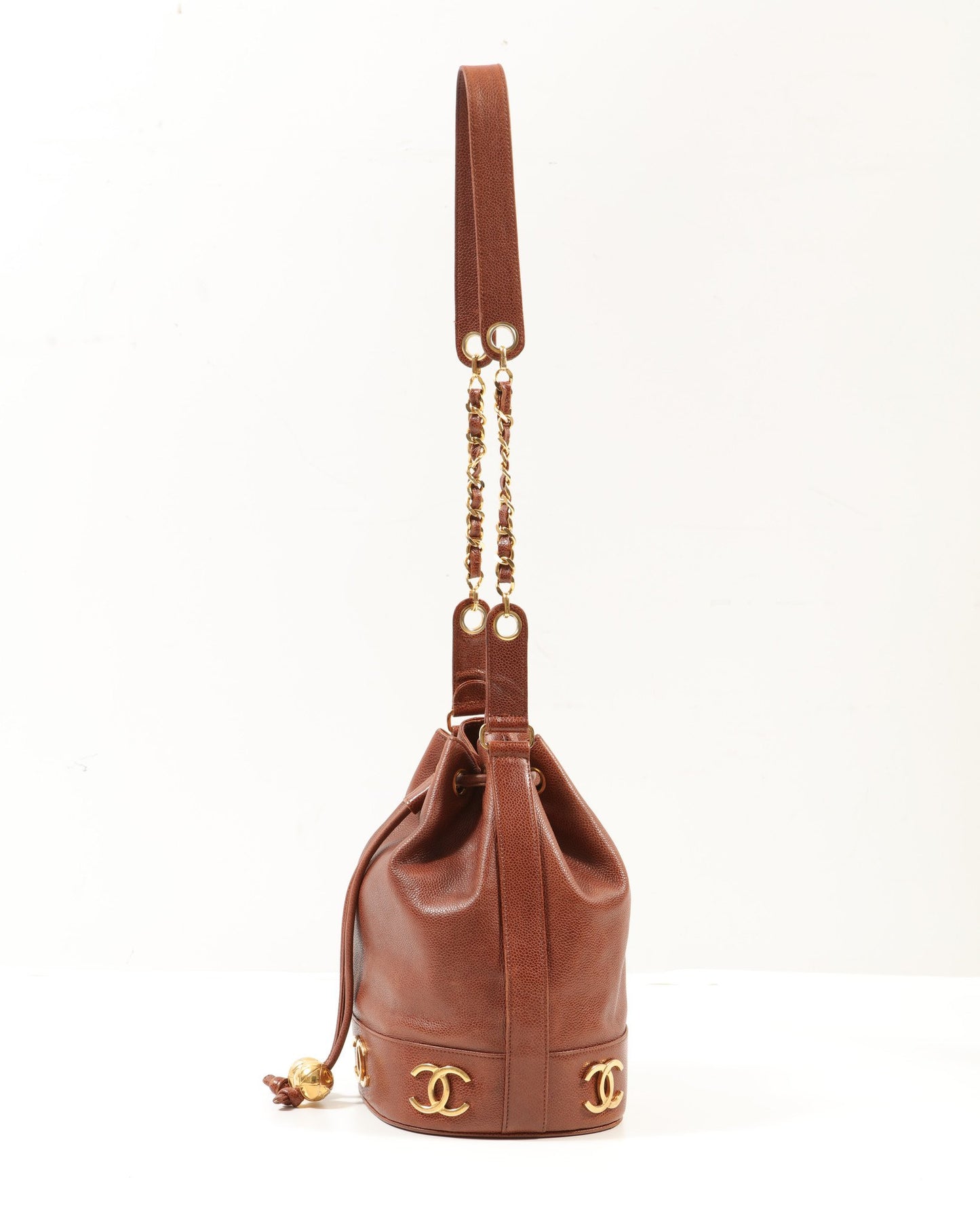 Chanel Vintage Brown Caviar Leather CC Drawstring Bucket Bag