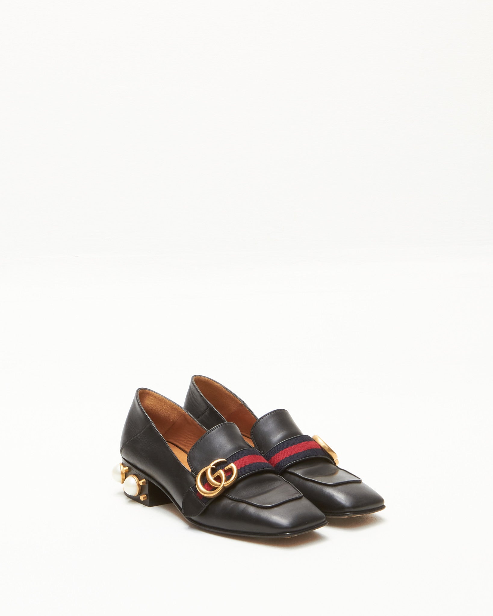 Gucci Black Leather Peyton Pearl Heeled Loafers - 36