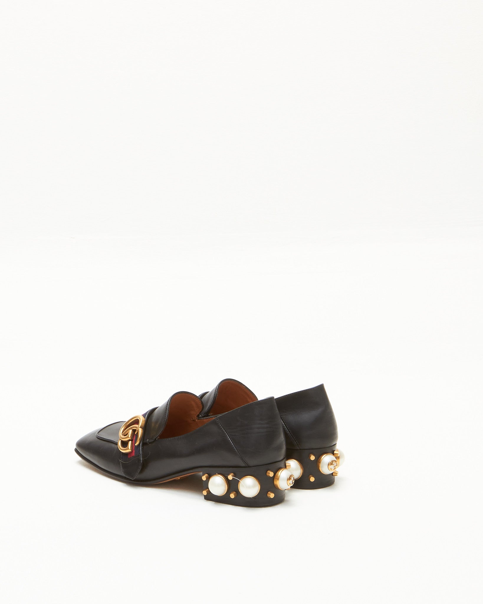 Gucci Black Leather Peyton Pearl Heeled Loafers - 36