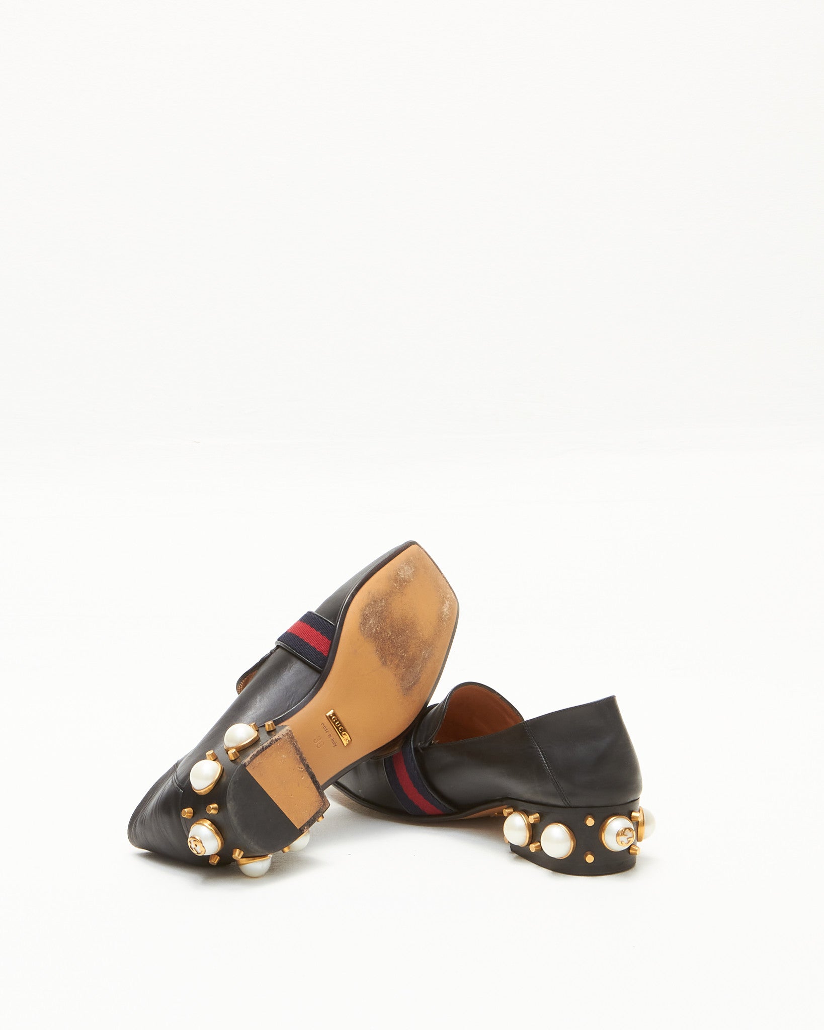 Gucci Black Leather Peyton Pearl Heeled Loafers - 36