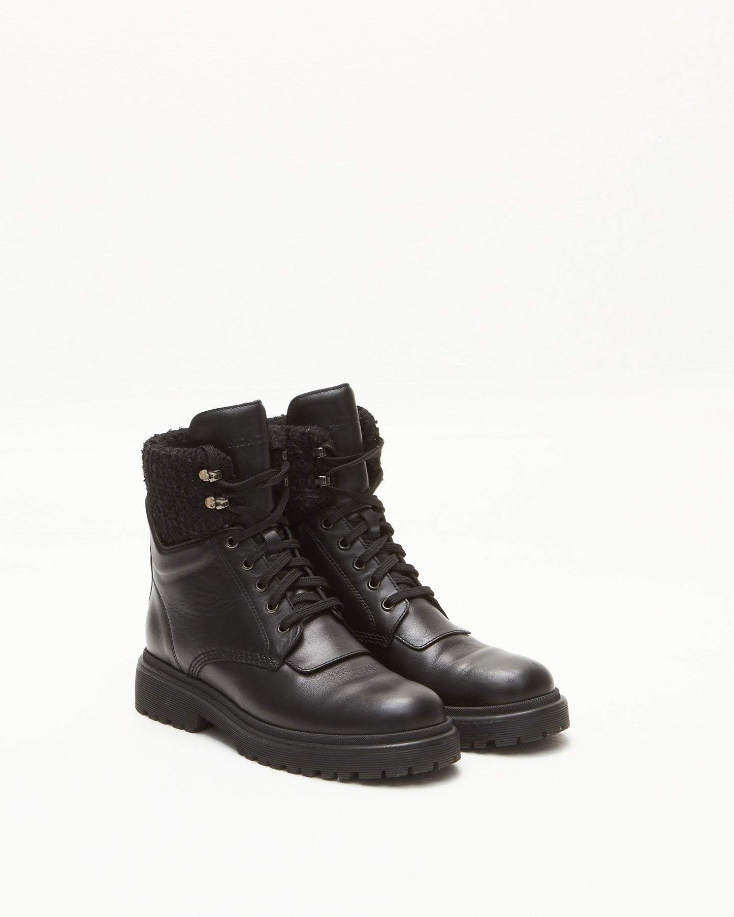 Moncler Black Leather & Tweed Combat Boots - 39