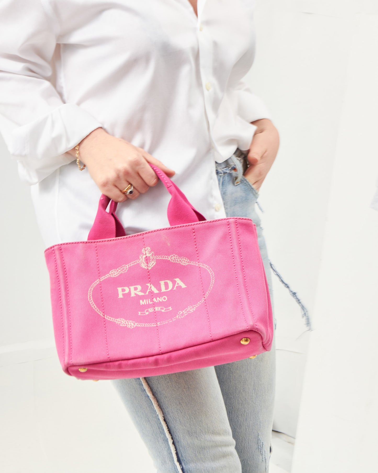 Prada Pink Cotton Canvas Small Logo Tote