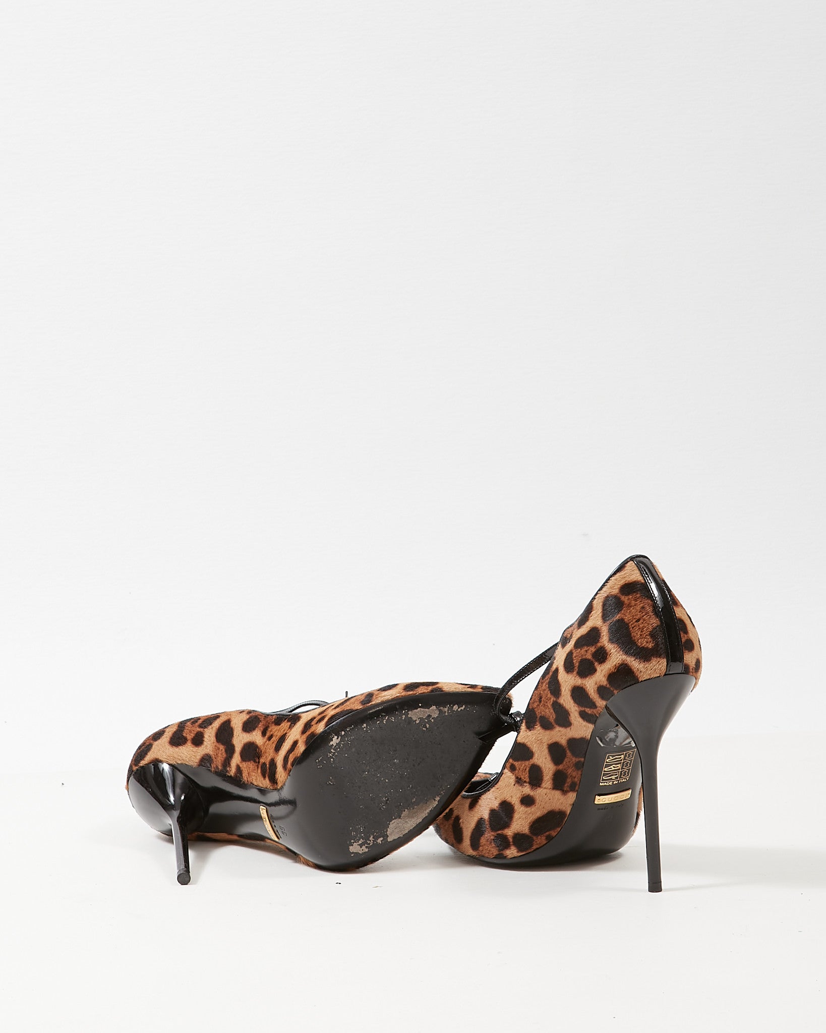 Gucci Leopard Calf Fur Beverly T Strap Pumps 39