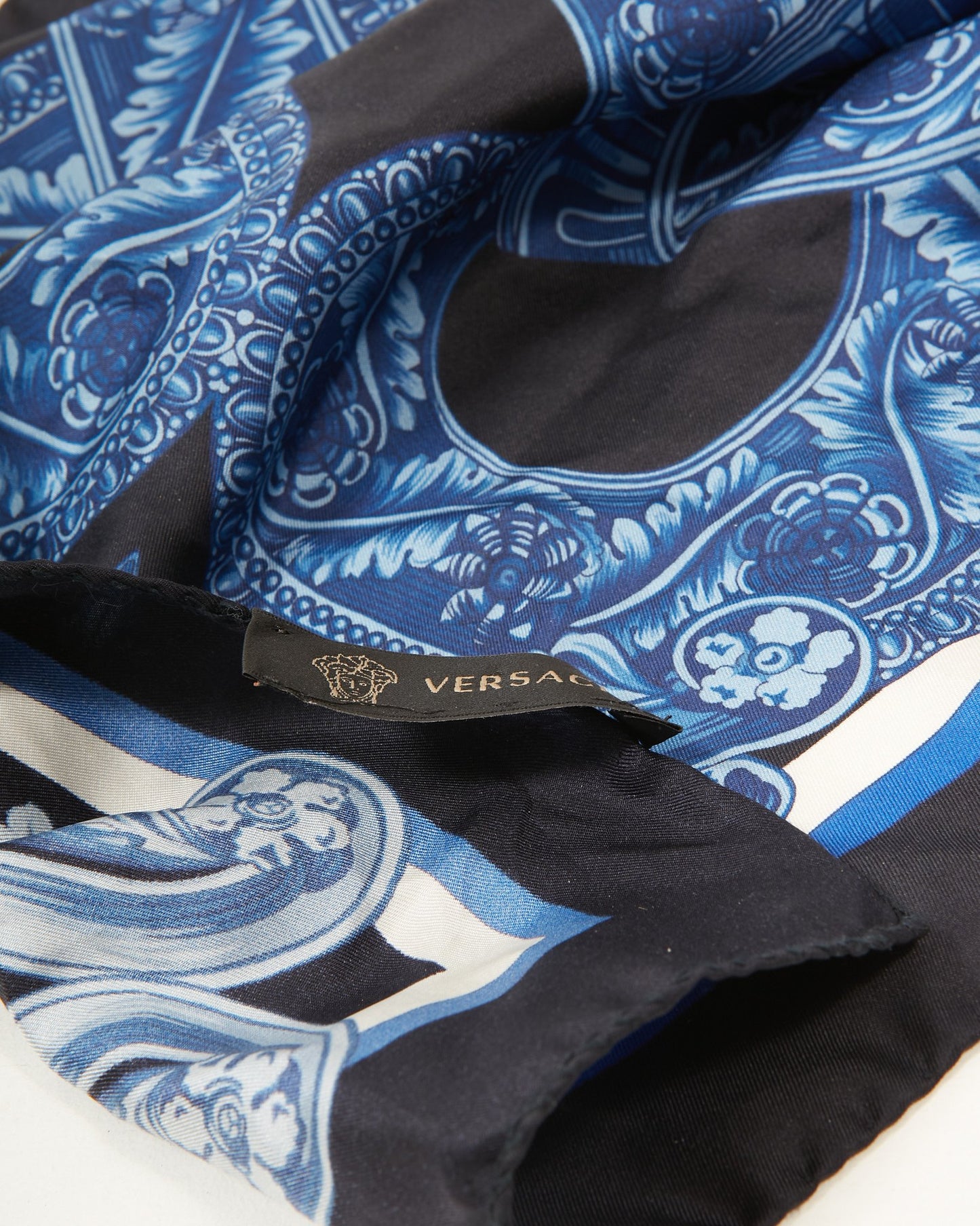 Versace Black and Blue Medusa Head Silk Scarf