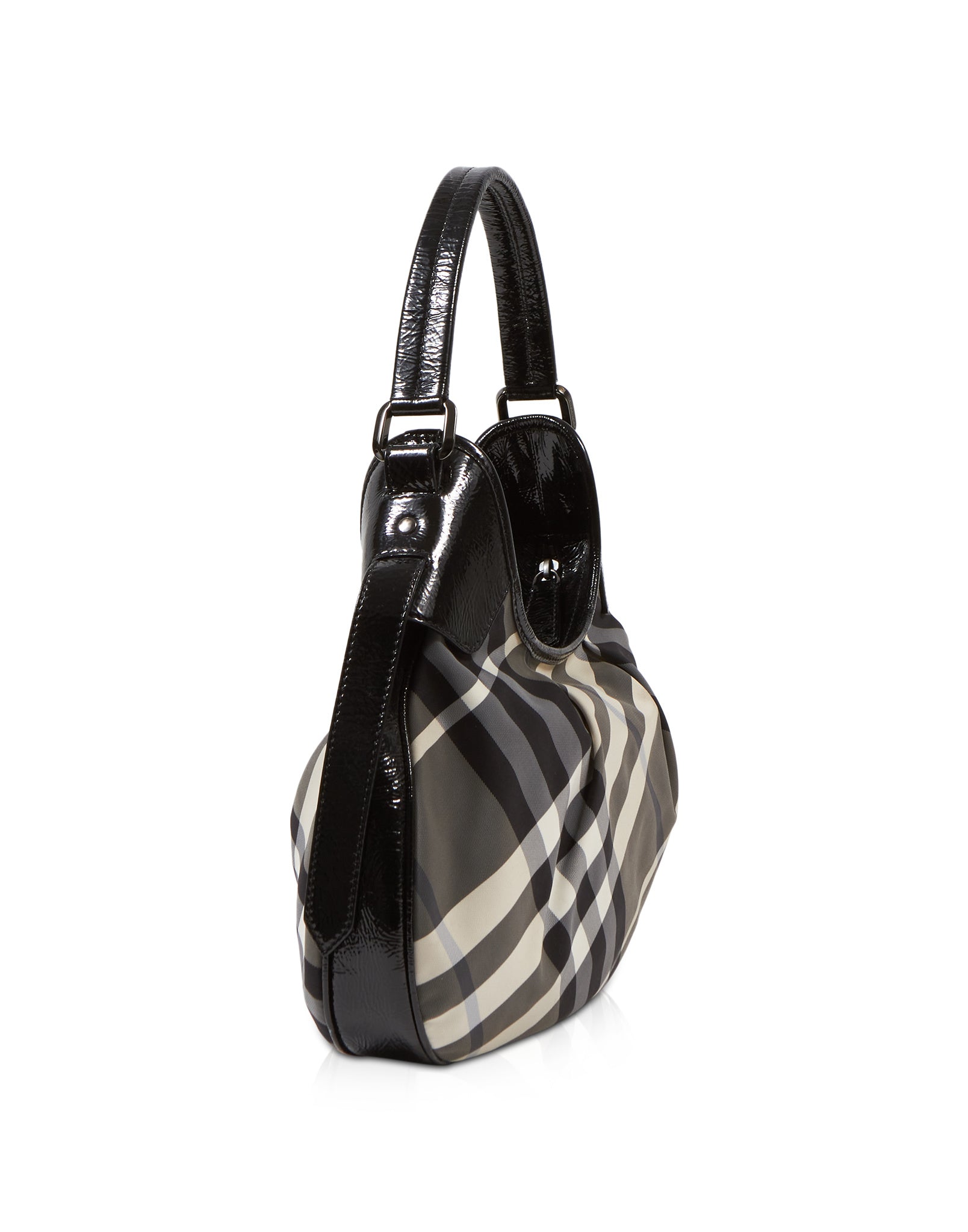 Burberry Black Patent Trim B/W Nova Check Hobo Shoulder Bag