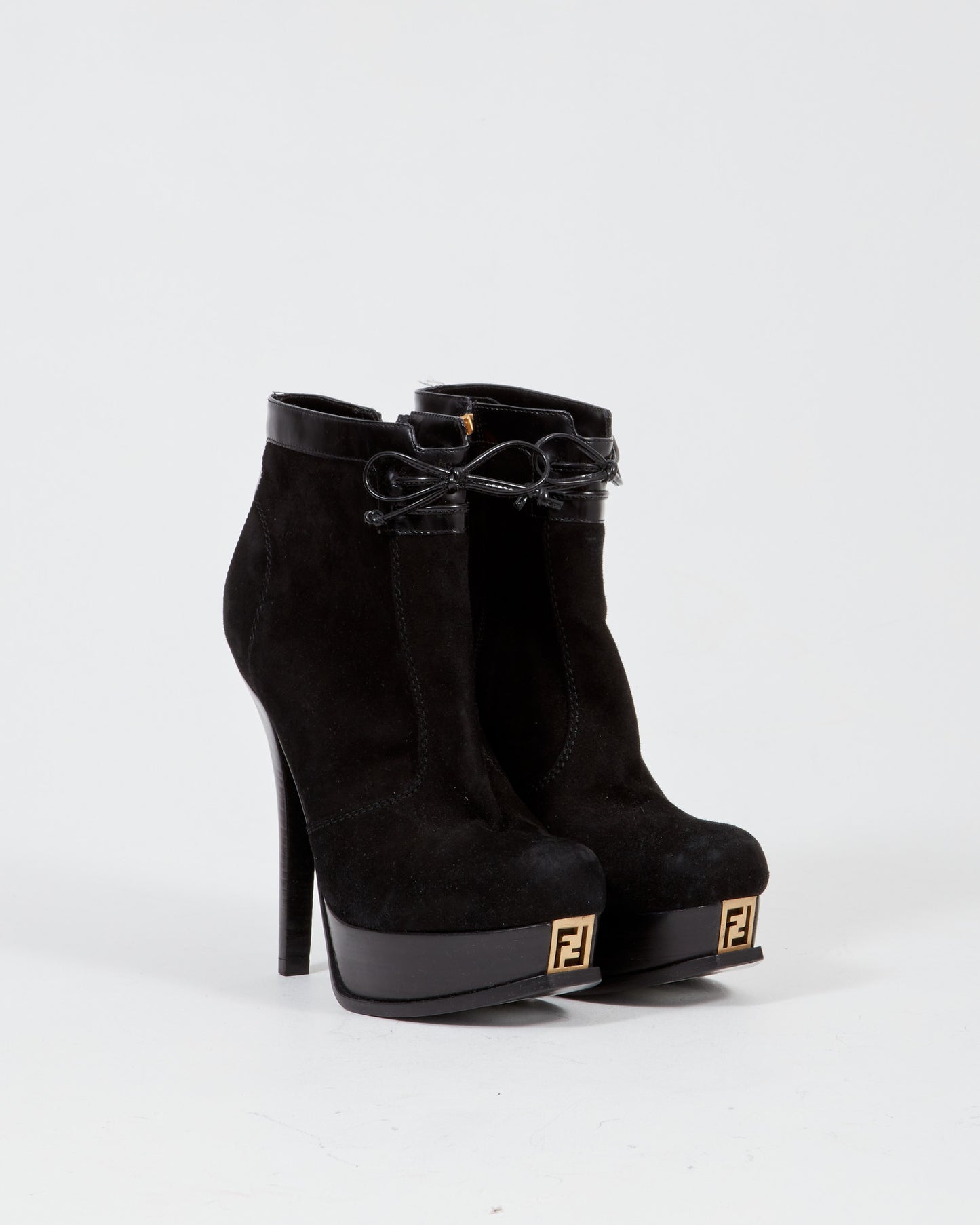 Fendi Black Suede Logo Bow Platform Booties - 40