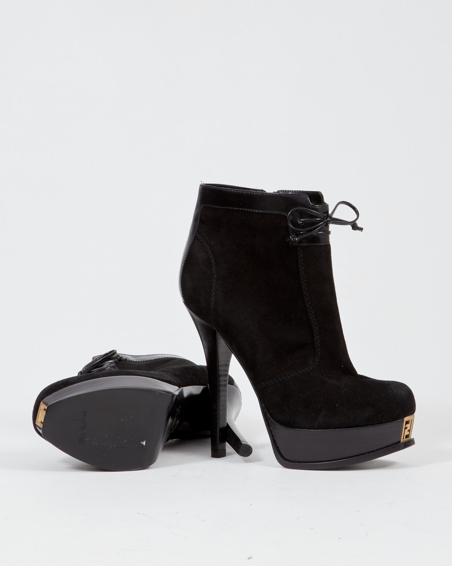 Fendi Black Suede Logo Bow Platform Booties - 40