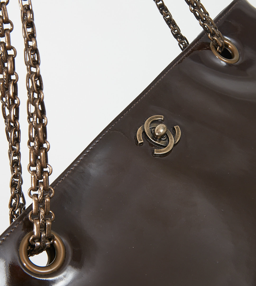 Chanel Brown Patent Chain Tote Shoulder Bag