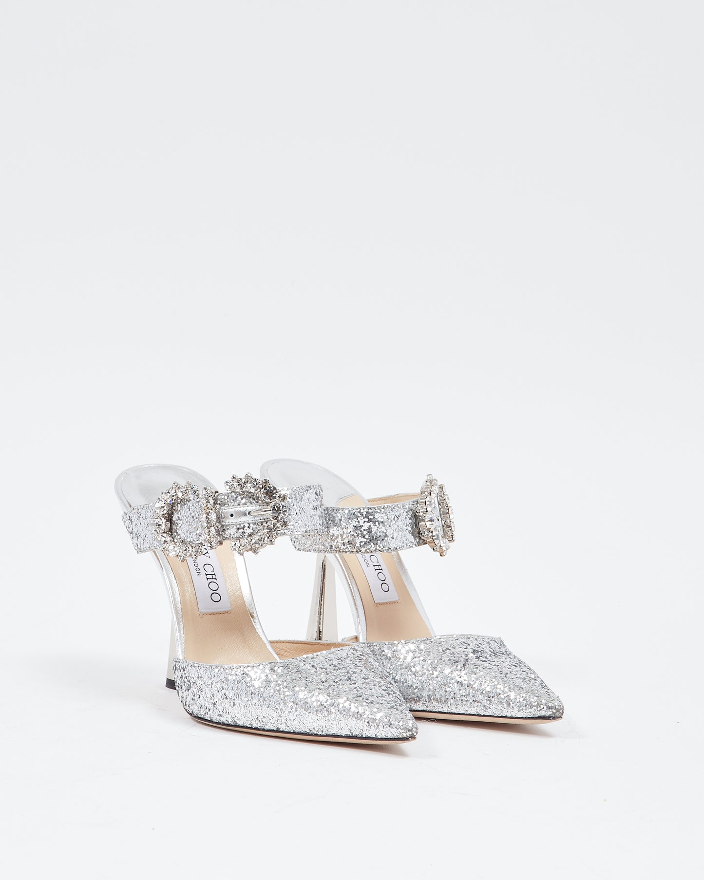 Jimmy Choo Silver Glitter Crystal Buckle Marta Mule Heels - 39