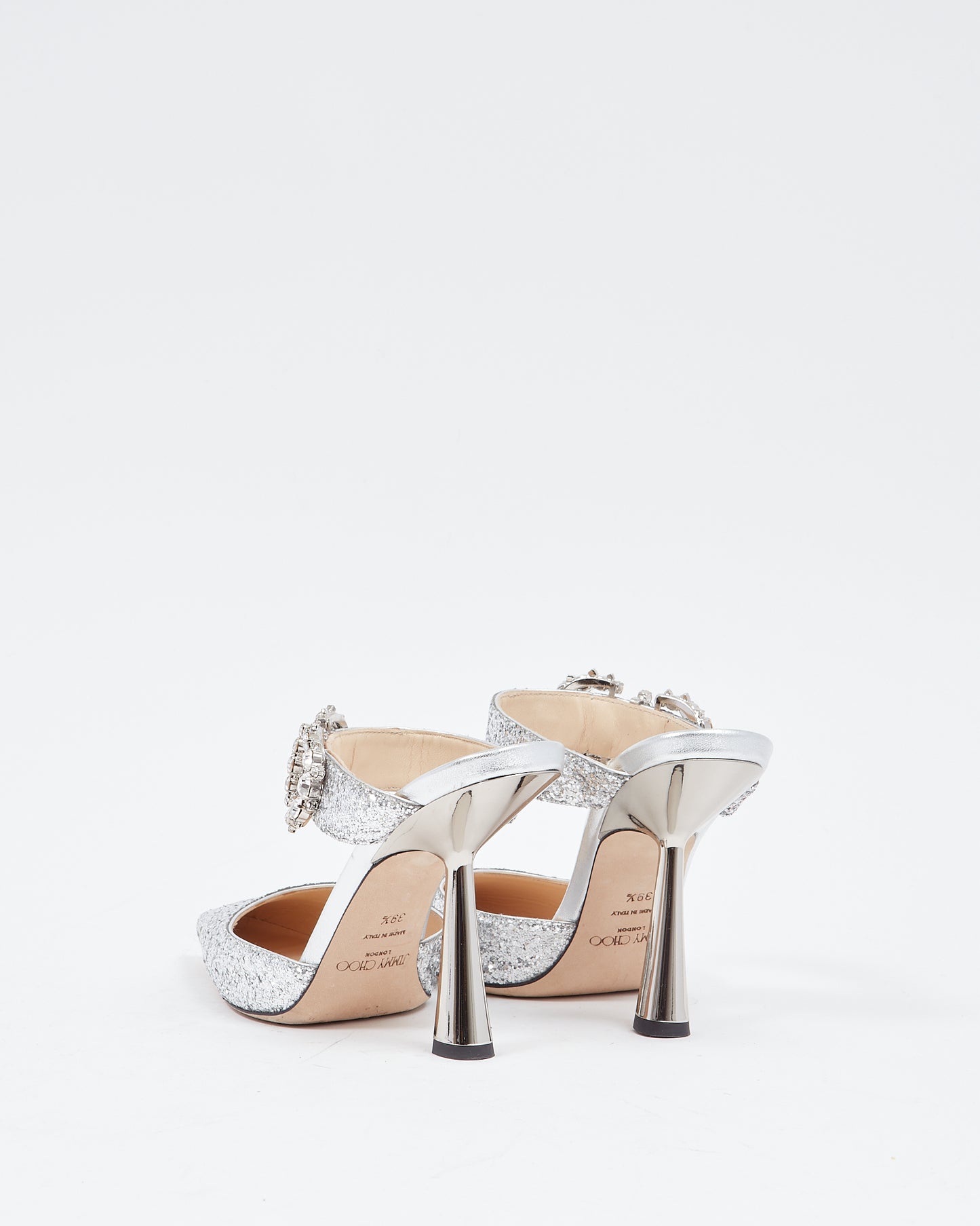 Jimmy Choo Silver Glitter Crystal Buckle Marta Mule Heels - 39