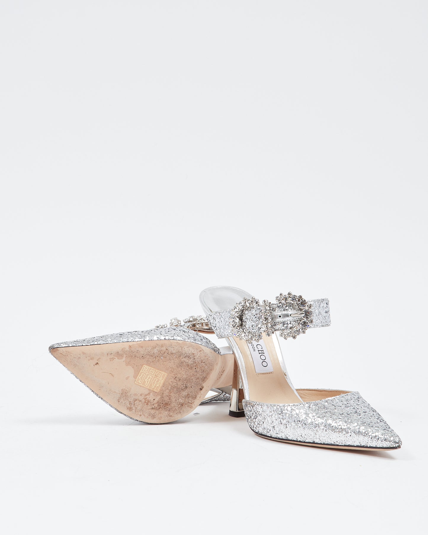 Jimmy Choo Silver Glitter Crystal Buckle Marta Mule Heels - 39