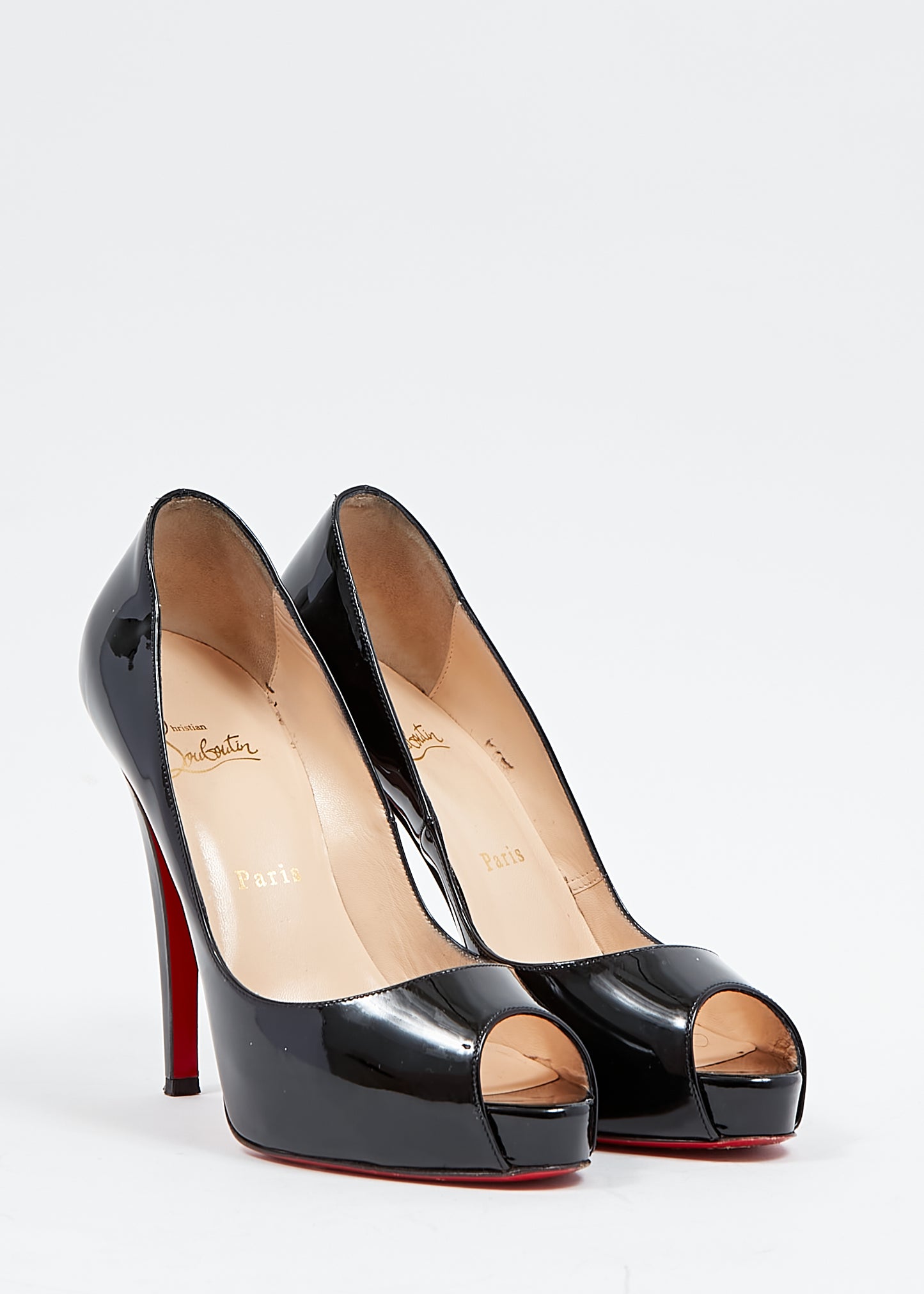 Christian Louboutin Black Patent Very Privée Platform Open Toe Heels - 38