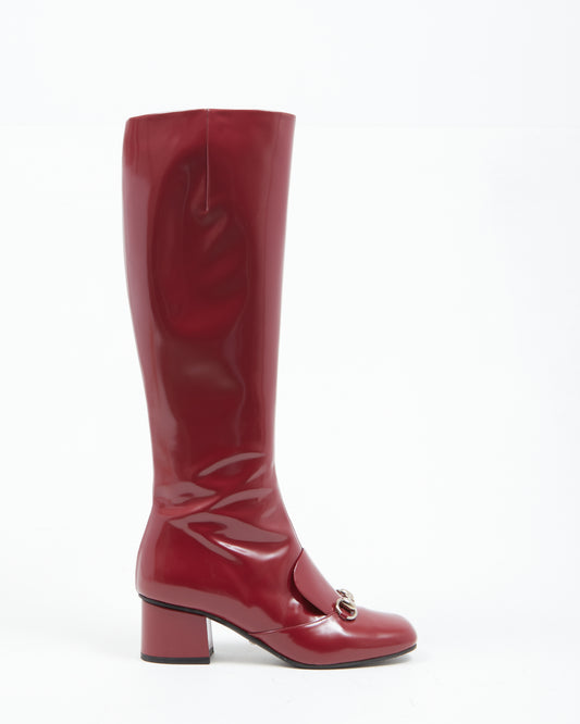 Bottes hautes aux genoux avec accent de mors en cuir verni rouge vin Gucci - 36,5